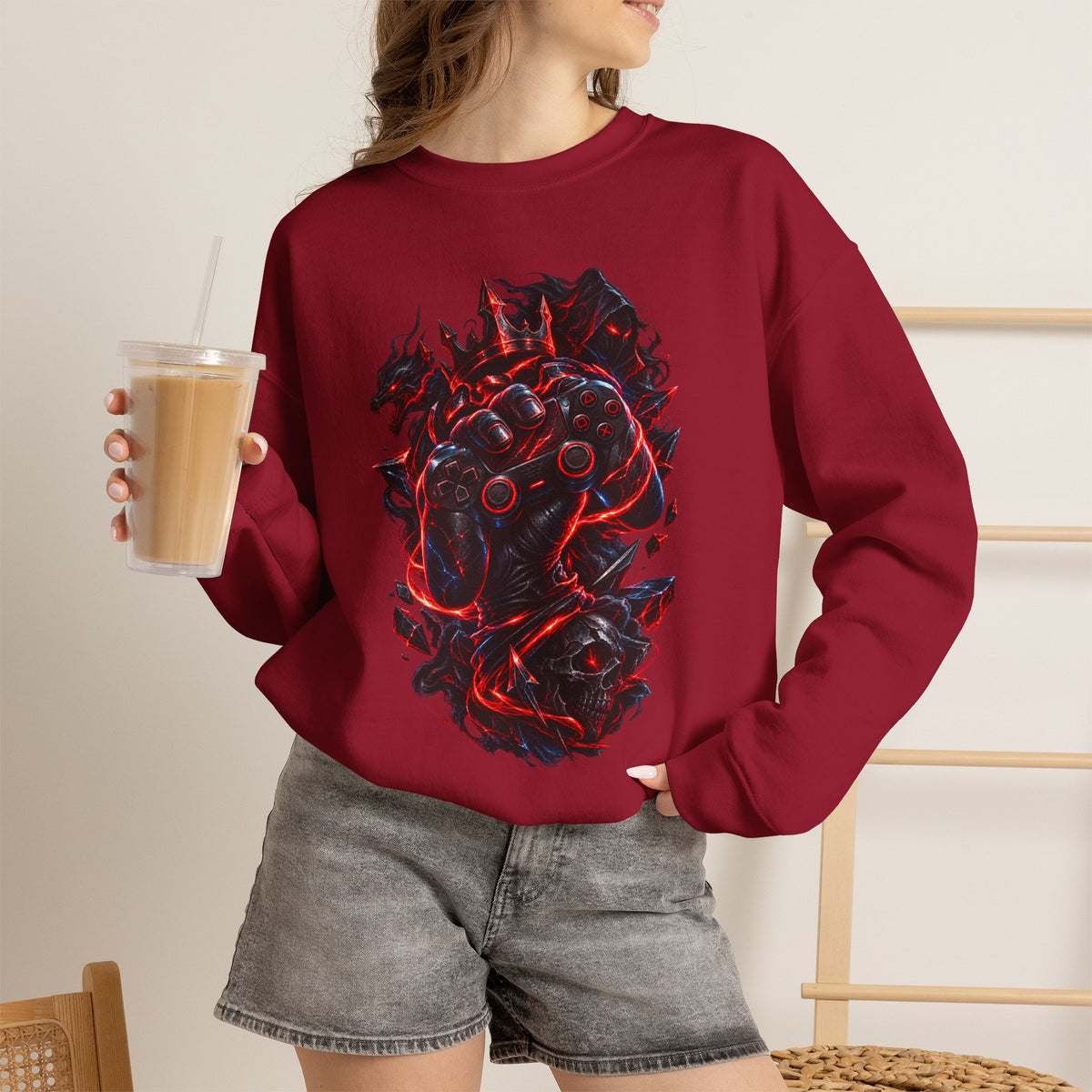 Gaming Controller Flame Crewneck Sweatshirt — Red & Black Retro Arcade Gamer Pullover